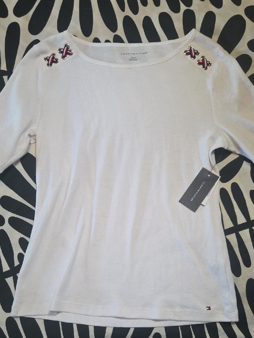 Tommy Hilfiger NWT White Boatneck T with Silver Grommets, Red,White,Blue Ribbons